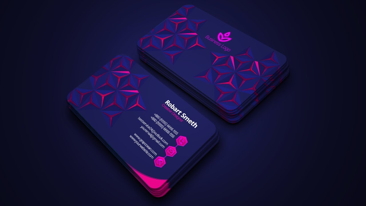 Example of a 3D visiting card design online for free using Canva, Visme, and Crello, showcasing a professional and visually appealing business card with unique 3D effects.